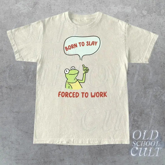 Born To Slay Forced To Work Graphic T-Shirt, Retro Unisex Adult T Shirt, Silly Frog T Shirt, Meme T Shirt, Relaxed Cotton Tees, Funny Frog