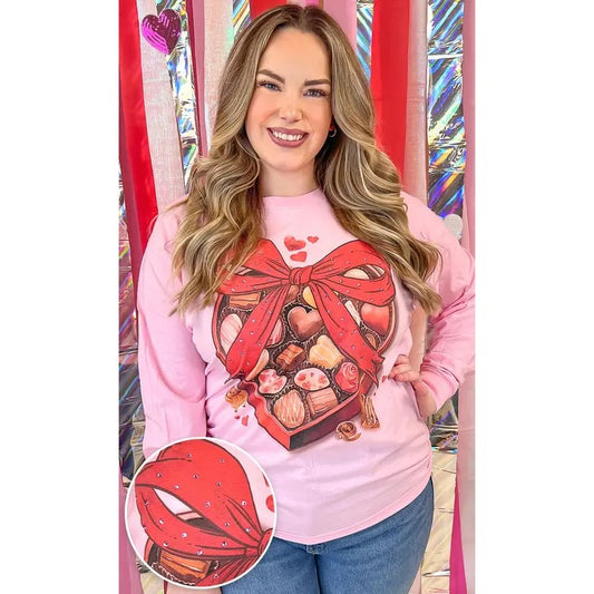 Box of Chocolate Valentine Rhinestone Graphic Long Sleeve T-Shirt