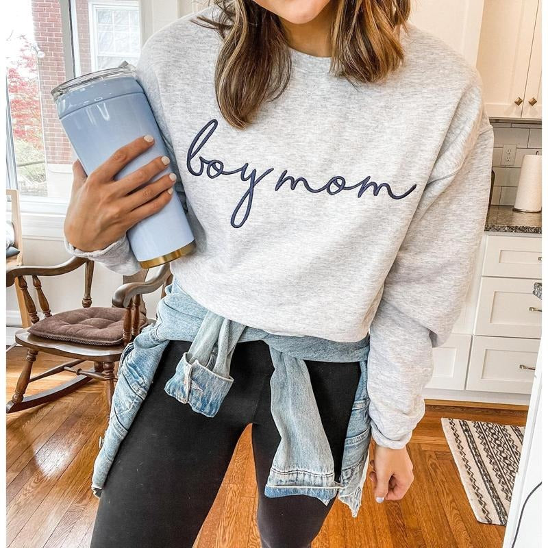 Boy Mom Embroidered Sweatshirt - Unisex Crewneck Pullover for Busy and Comfy Mom Life | Mother's Day Gift