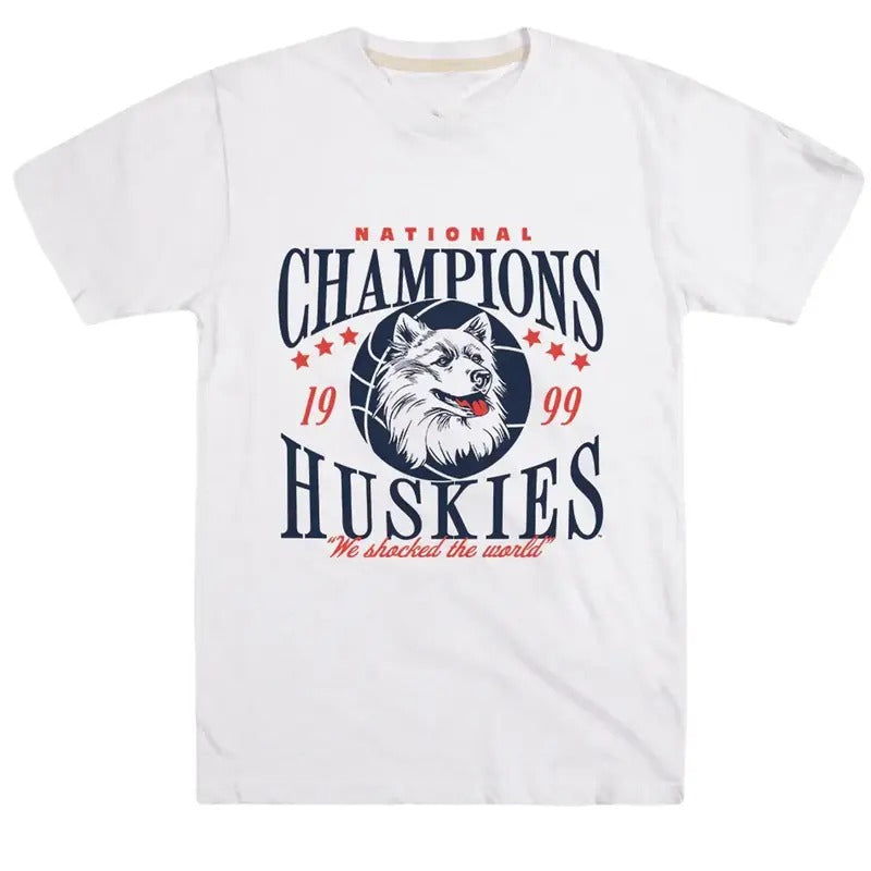 Brad Clothings Vintage UConn Huskies 1999 Championship Tee Classic Cotton Menswear Top Embroidered Hoodie Trendy Graphic Design NCAA College Football Merchandise