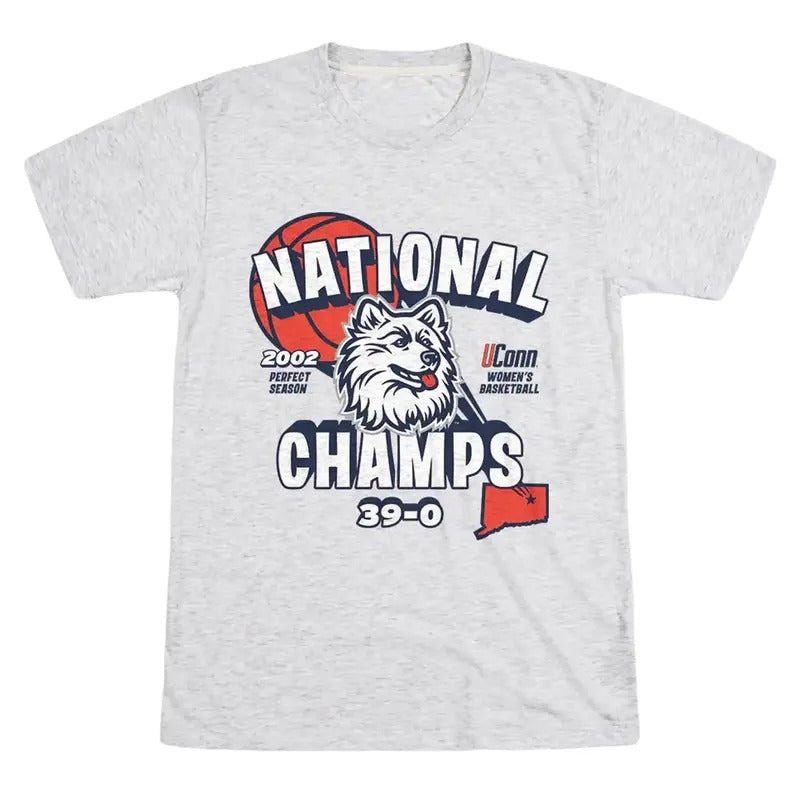 Brad Clothings Vintage UConn Women's 2002 National Champs 39-0 Retro Tee 100% Cotton Graphic T-Shirt Crewneck Casual Streetwear