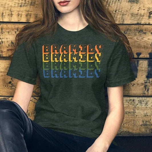 Bramily fan t-shirt, music shirt, singer songwriter, feminist, Brandi broke, rainbow block font, retro design, Full Sizes, Full Colors, Unisex T-shirt for Men and Women, Classic Menswear, Womenswear Top Collar