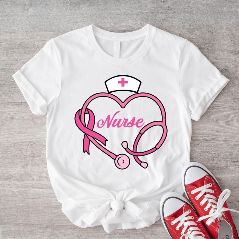 Breast Cancer Stethoscope Shirt, Nurse Breast Cancer Awareness Shirt, Matching Nurse Tee, Pink Ribbon Gift Tee, Cancer Warrior Tee.