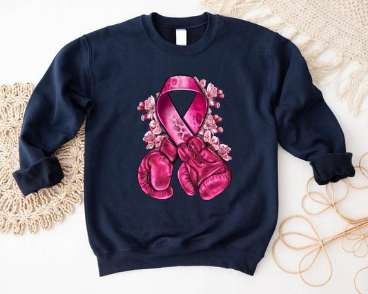 Breast Cancer With Boxing Gloves Sweatshirt, Cancer Warrior Gift Sweater, Breast Cancer Survivor Hoodie, Matching Pink Ribbon Team Sweatshirt.