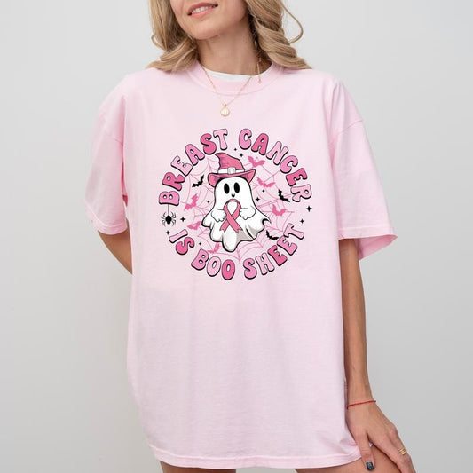 Breast Cancer is Boo Sheet Shirt Comfort Colors, Breast Cancer Awareness shirt, Cute Pink Coquette Bow Tees, Pink Cancer Ribbon T-shirt, Cancer Survivor Tee, Halloween Pink Ghost Shirt, Comfy Casual Womenswear, Soft Cotton Relaxed Fit Chic Style
