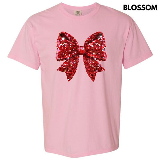 Bright Red Faux Sequin Bow Comfort Colors T-Shirt 'NLB'