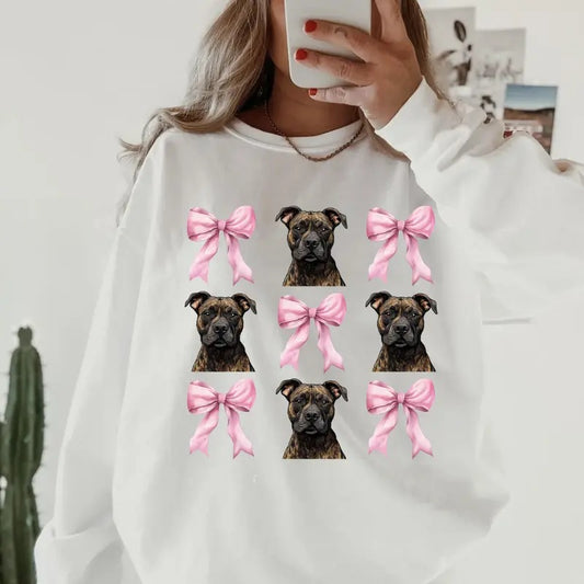 Brindle Pitbull with Bows Sweatshirt ~ Sweatshirt Unisex Apparel Relaxed Fit Printed in the USA Clothing Womenswear Casual and Comfortable