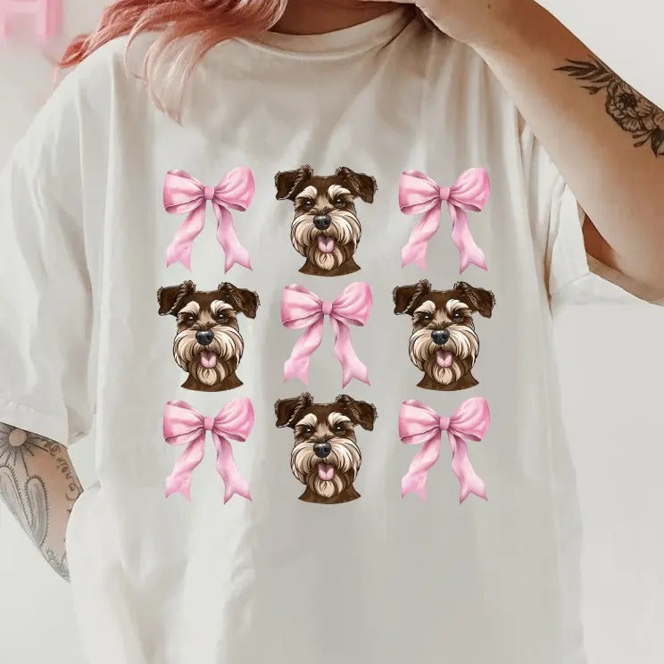 Brown Schnauzer with bows Shirt~ Unisex Apparel Relaxed Fit Printed In The USA Clothing Womenswear Casual Comfort Cotton Top Athletic Boho Chic