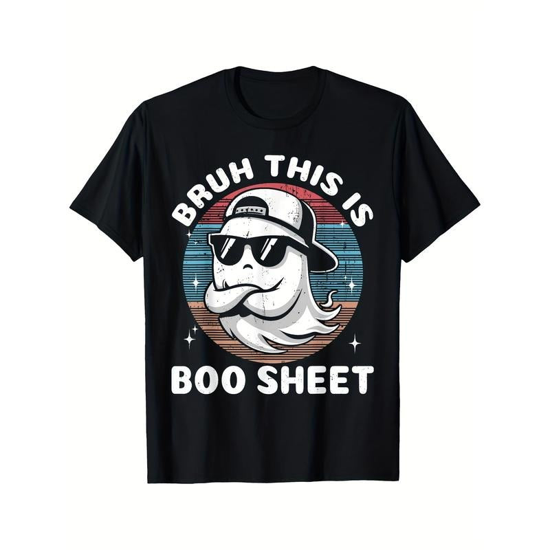 Bruh This Is Boo Sheet Graphic Ghost Retro Halloween Funny Printed T-shirt Comfortable Breathable, Soft, Casual Short Sleeve, Daily Wear, All Season, Black Men 220g made in usastyle{n002}2