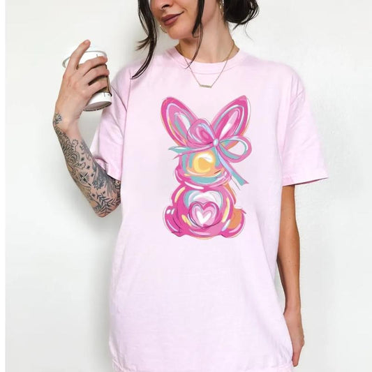 Brushstroke Bunny Easter Shirt, Bunny Coquette Bow T Shirt, Pink Rabbit Easter Tee, Retro Girly Shirt, Unisex Short Sleeve Tee, Casual Clothing