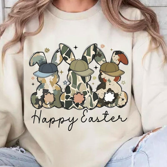 Brushstroke Bunny Oldchool Camo Pattern Easter Sweatshirt, Cute Camo Bunnies T-Shirt, Green Bunny Easter Shirt, Retro Easter Tee
