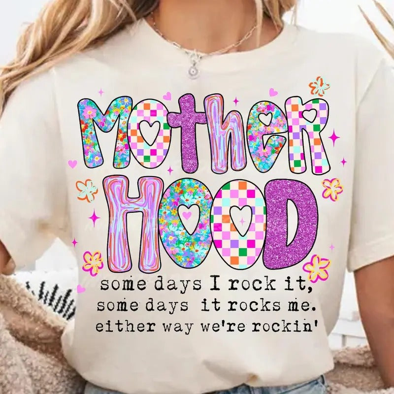 Brushstroke Motherhood Someday It Rocks Coquette Bow Checkered T-Shirt, Neon Mother Hood Tee, Funny Mom, Sarcastic Mama Retro,Sassy Mothers Day Gift