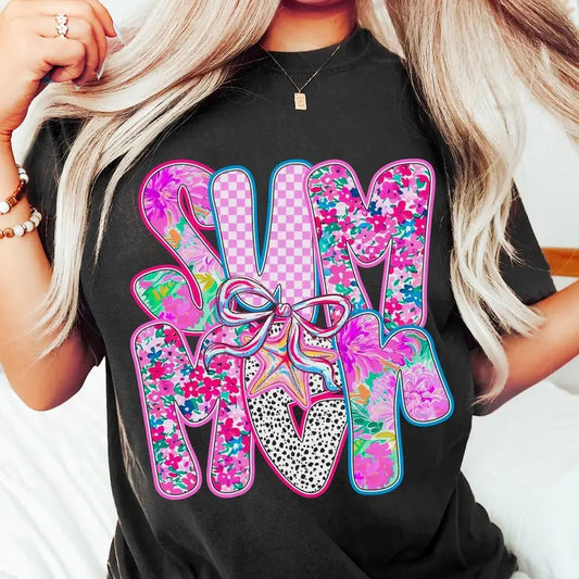 Brushstroke Summer Floral Coquette Bow Tee, Retro Hello Summer Shirt, Summer Vibes Brushstroke Hand Drawn Tee, Gift for Her