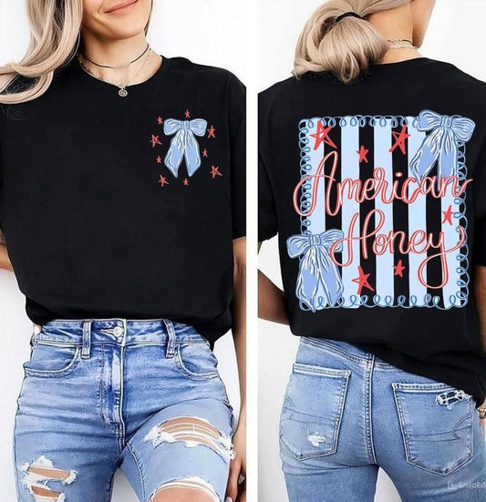 Brushtroke American Honey Flag Coquette Bows 2 Sided Shirt, Trendy Red White Blue Tee, USA Independence Fourth of July Shirt, Memorial Day Gift