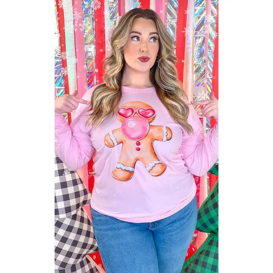 Bubble Gum Gingerbread Christmas Graphic Long Sleeve T-Shirt