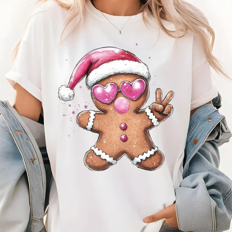 Bubble Gum Gingerbread Man Christmas Shirt, Cute Christmas Shirt, Graphic Shirt Retro Adult Shirt Vintage T-Shirt Cotton Tee, Trendy T-Shirt, Funny Gift Soft Womenswear