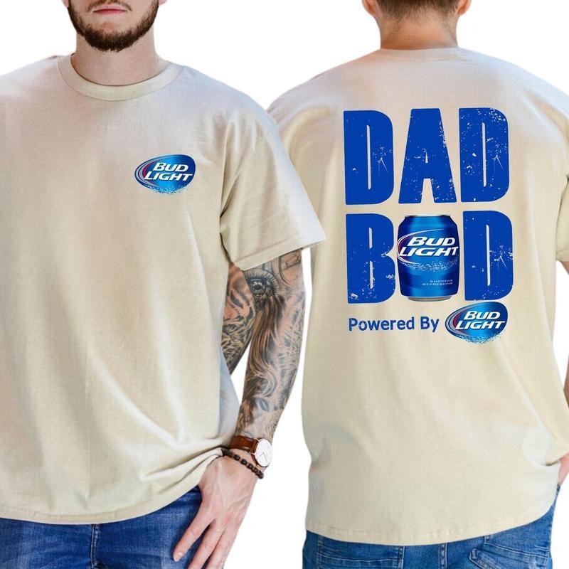Bud Light Dad Bod Powered By Bud Light 2 Sided T-Shirt - Sweatshirt - Hoodie, Drinking Graphic Tee, Men's Beer Drinking Tees, Funny Drink Top for Daddy, Soft Cotton Classic Men's Graphic Tees
