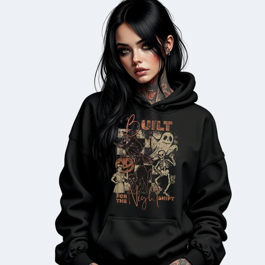 Built for the Night Shift Halloween Tendy T-Shirts Crewneck Sweatshirt or Hoodie Grunge Aesthetic Pullover Retro Vibes Casual Comfort Skulls Cotton Fit Vintage Womenswear Graphic Piece Tops Garment Sleeve Sleeve Style Streetwear
