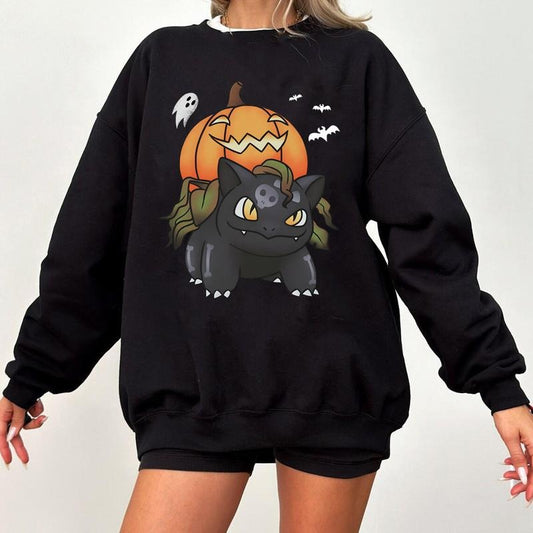 Bulbasaur Pumpkin Sweatshirt, Halloween Sweatshirt, Spooky Pumpkin Monster Sweatshirt, Gengar Japan Anime Sweatshirt, Hand Painted "Halloween Bulbasaur" Sweatshirt, Gengar Sweatshirt, Anime Sweatshirt