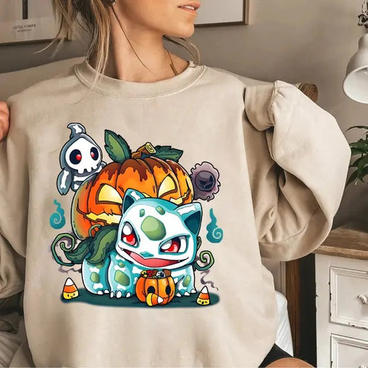Bulbasaur Pumpkin Sweatshirt, Pokemon Pumpkin Sweatshirt, Halloween Sweatshirt, Spooky Pumpkin Monster Sweatshirt, Gengar Japan Anime Sweatshirt, Hand Painted Pokemon "Halloween Bulbasaur" Sweatshirt, Gengar Sweatshirt, Anime Sweatshirt