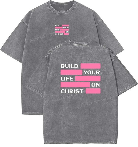 Bulid Your Life on Christ Unisex Washed T-Shirt, Christian Tshirts, Vintage 90s Graphic Tee, Gift Top Womenswear Cotton Mineral Color