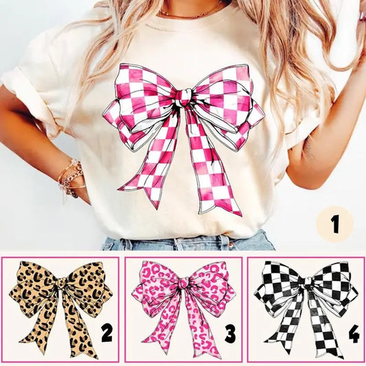 Bundle Checkered Coquette Bow Shirts, Leopard Coquette Bow, Pink Bow, Retro Mama, Soft girl aesthetic, Lady Top, Full Sizes, Full Colors, Cotton Crewneck Shirt for Women, Womenswear, Graphic Printed Tee