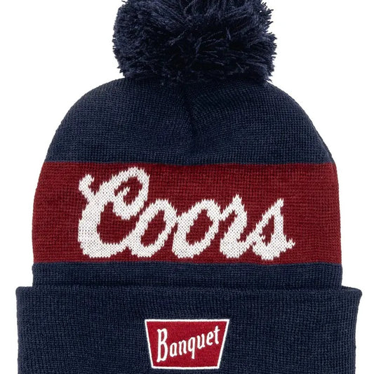 Coors Banquet Pom Pom Beanie Knit Hat - Navy/Burgundy