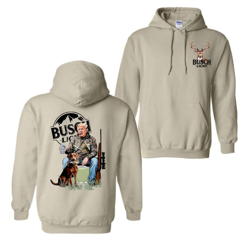 Busch Light Hoodie T-Shirt, Donald Trump with Hunting Dog and Beer Graphic, Perfect for Hunters and Busch Light Fans, Unisex Hoodie For Men And Women