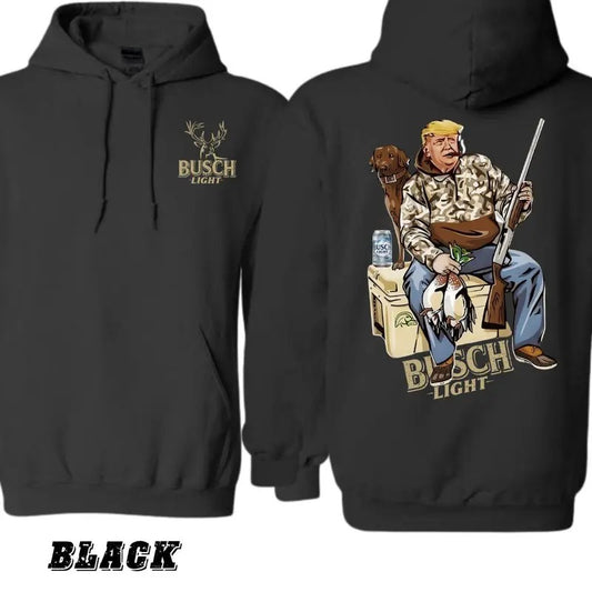 Busch Light Hunting Hoodie, Graphic Of Hunter With Dog And Shotgun , Comfortable Black Unisex Hoodie , Perfect For Outdoor And Hunting Enthusiasts