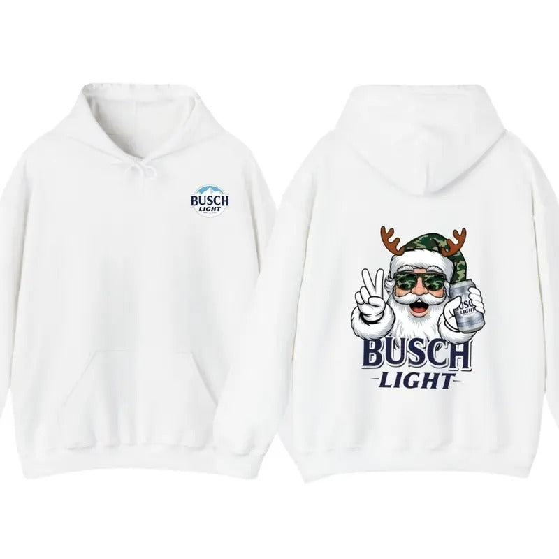 Busch Light Santa Christmas Hoodie, T-Shirt - Santa with Camo Antlers & Peace Sign , Cozy Unisex Pullover