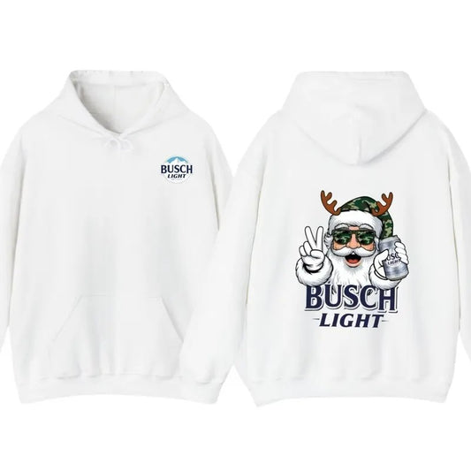 Busch Light Santa Christmas Hoodie, T-Shirt - Santa with Camo Antlers & Peace Sign , Cozy Unisex Pullover