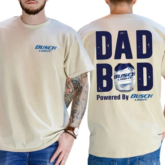 Busch Lite Dad Bod Powered By Busch Light Tshirt 2-Sided for Men, Beer Drink Shirt for Daddy, Funny Drinking Tee, Casual Cotton Top, Classic Menswear