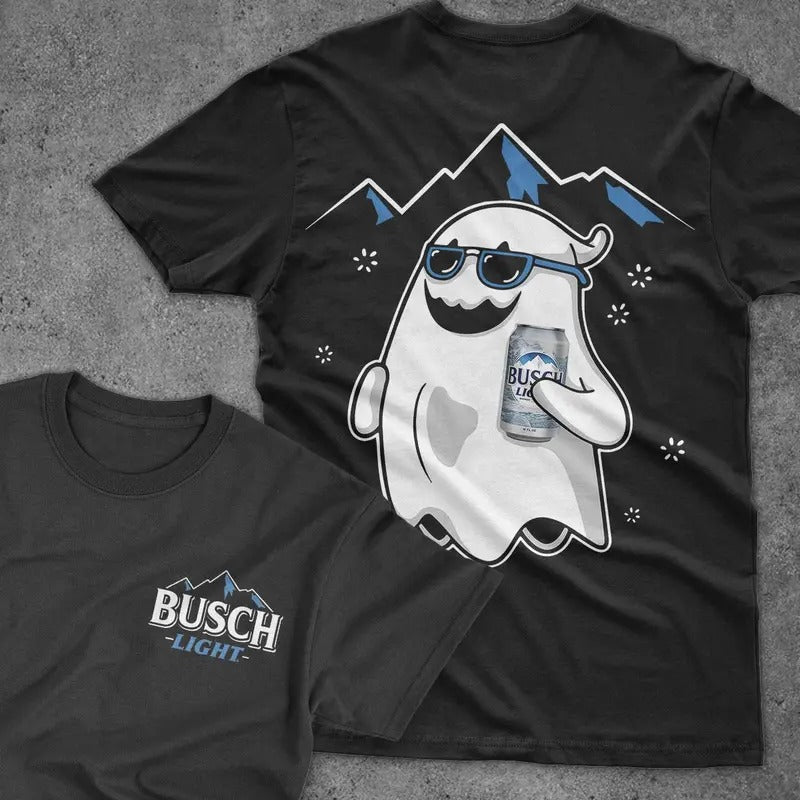Bussch Light Ghost Halloween 2 Sided T-Shirt, Bussch Light Beer fans Tee, Beer Lovers T-Shirt, Halloween Tee, Spooky Season Tee, Full Color, Cotton Crewneck Tee, Unisex Shirt for Men and Women, Menswear Top Classic