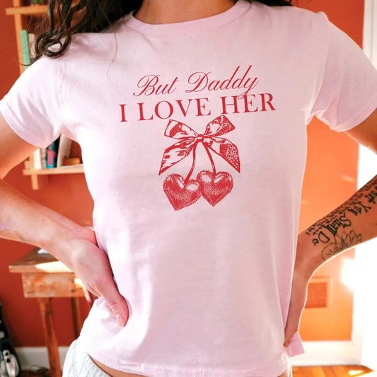 But Daddy I Love Her Coquette Cherry Tee Sapphic Shirt Funny Lesbian Shirt Nonbinary Shirt Bow Tee Lesbian Tshirt Bisexual Shirt