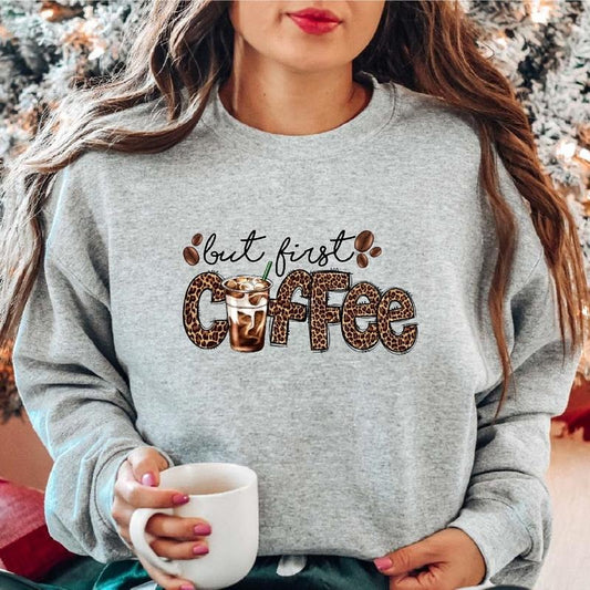 But First Coffee Sweatshirt, Coffee Lover Gift Hoodie, Trendy Coffee Leopard Sweater, Unisex Coffee Cups Long Sleeve, Coffee Addict Gift Sweatshirt.
