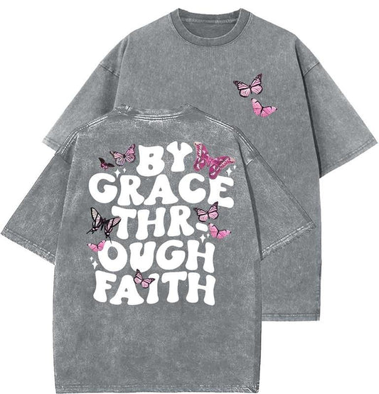 By Grace Through Faith Unisex Washed T-Shirt, Christian t shirts, Vintage 90s Graphic Tee, Gift Top Womenswear Cotton Mineral Color