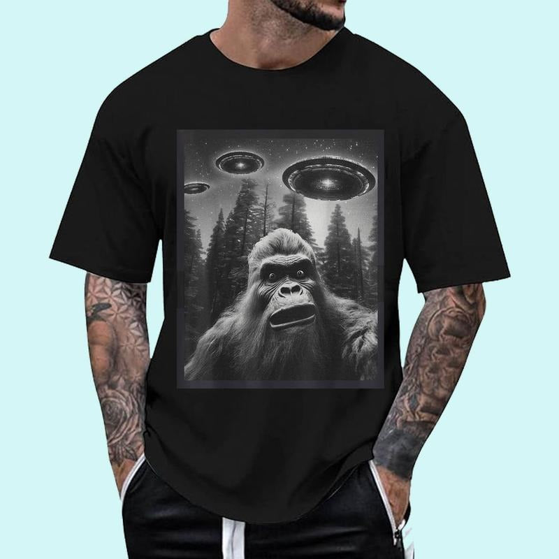 CAT Funny Graphic Tee For Men Women Bigfoot Sasquatch Alien UFO Unisex T-Shirt, Cotton 100%, Top Trending Fashion