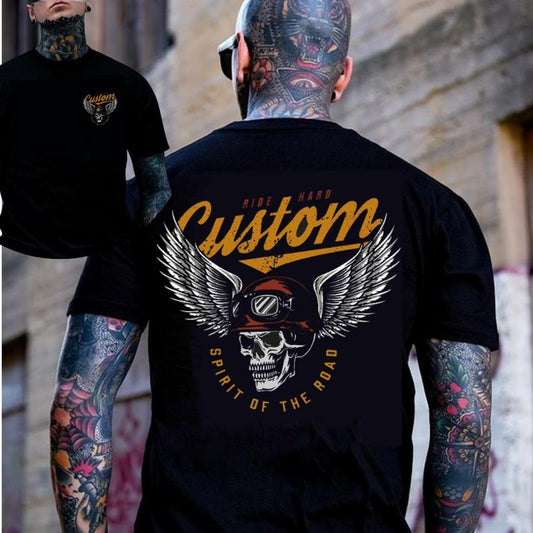 CUSTOM SPIRIT OF THE ROAD Skull with Winged Helmet Black 2 Side Print T-shirt -  Sweatshirt - Hoodie, Naughty Clothes Men Cotton, Motorcycle Shirt, Streetwear Menswear
