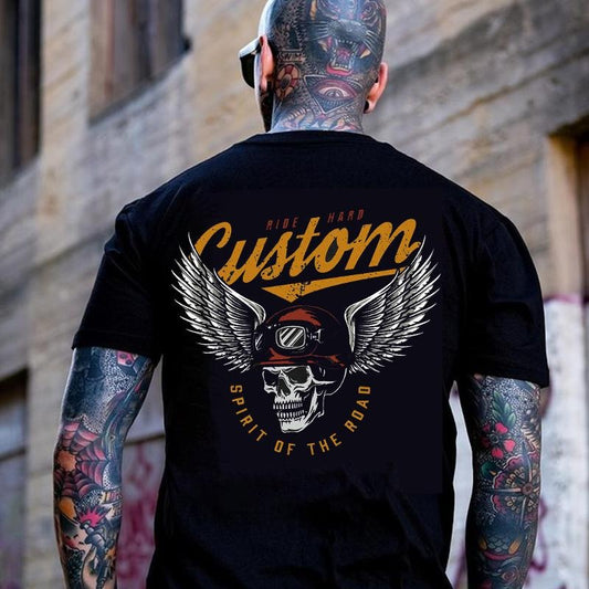 CUSTOM SPIRIT OF THE ROAD Skull with Winged Helmet Black Back Side Print T-shirt -  Sweatshirt - Hoodie, Naughty Clothes Men Cotton, Motorcycle Shirt, Streetwear Menswear