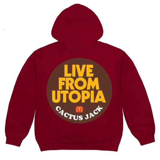 Cactus Jack x McDonald's Live From Utopia Sticker Hoodie Men's Burgundy Menswear Sweatshirt Pullover Long Sleeve Casual