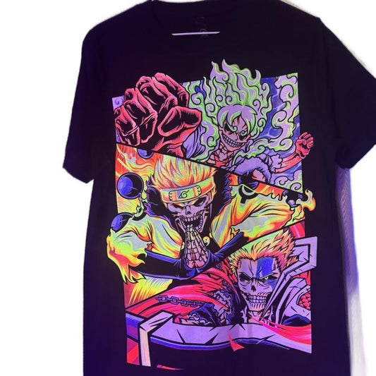 Calavera Anime for Men T-Shirt - Black Graphic Print, Short Sleeve, Crewneck, Suitable for Casual Wear - Streetwear, Menswear, Tshirt, Shortsleeve, Top, Tropical, Sleeveless