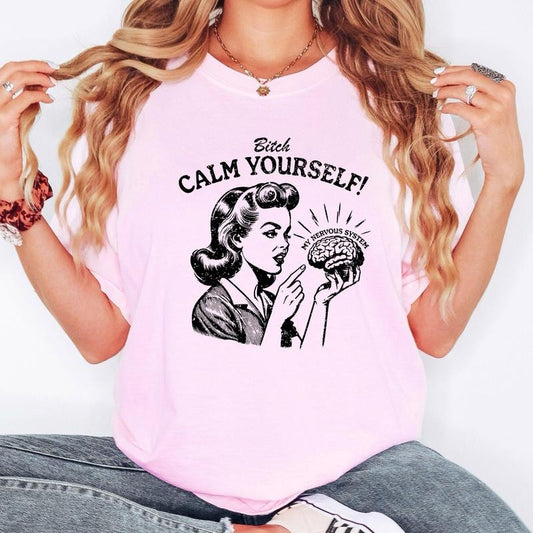 Calm Yourself, Stress, Retro, Vintage, Meme, Aesthetic, Funny, Comfort Colors Tshirt, Women's Crew Neck, Crewneck