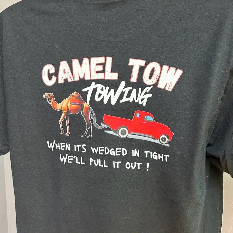Camel Tow Towing T-Shirt - Cotton T-Shirt with Camel and Car Graphic, Soft and Breathable, Suitable for Men, Day Wear, Streetwear