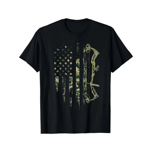Camo American Flag Bowhunting Bow Archery Deer Hunting Gift T-Shirt Made in USA
