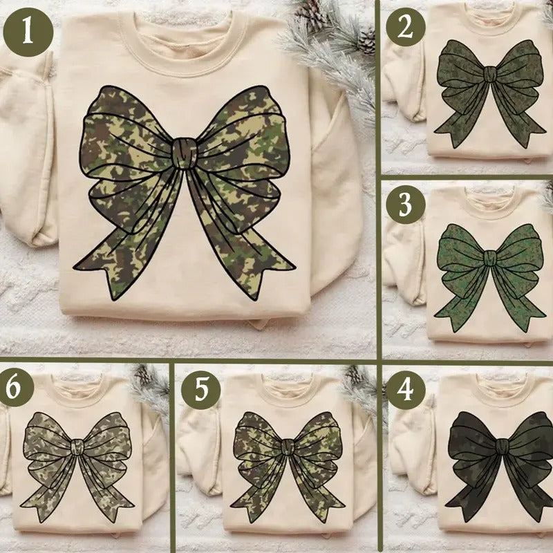 Camo Bow Bundle Coquette Bottomland Sweatshirt, Camouflage Bow Duck Hunting Retro Girl Cute Shirt