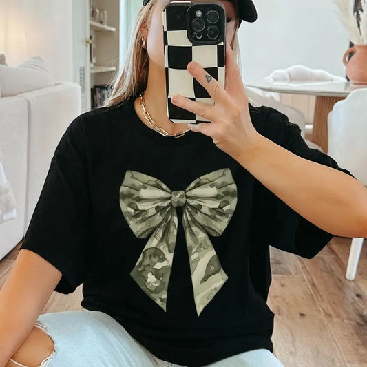 Camo Bow Shirt, Coquette Camouflage Sweatshirt, Military bow Shirt, Women Duck hunting Shirt for girls Retro Hunting shirt Vintage, Cotton Round Neck Tee, Unisex Shirt for Men and Women, Menswear, Womenswear, Lady Top Fabric Printed Comfort T-Shirt
