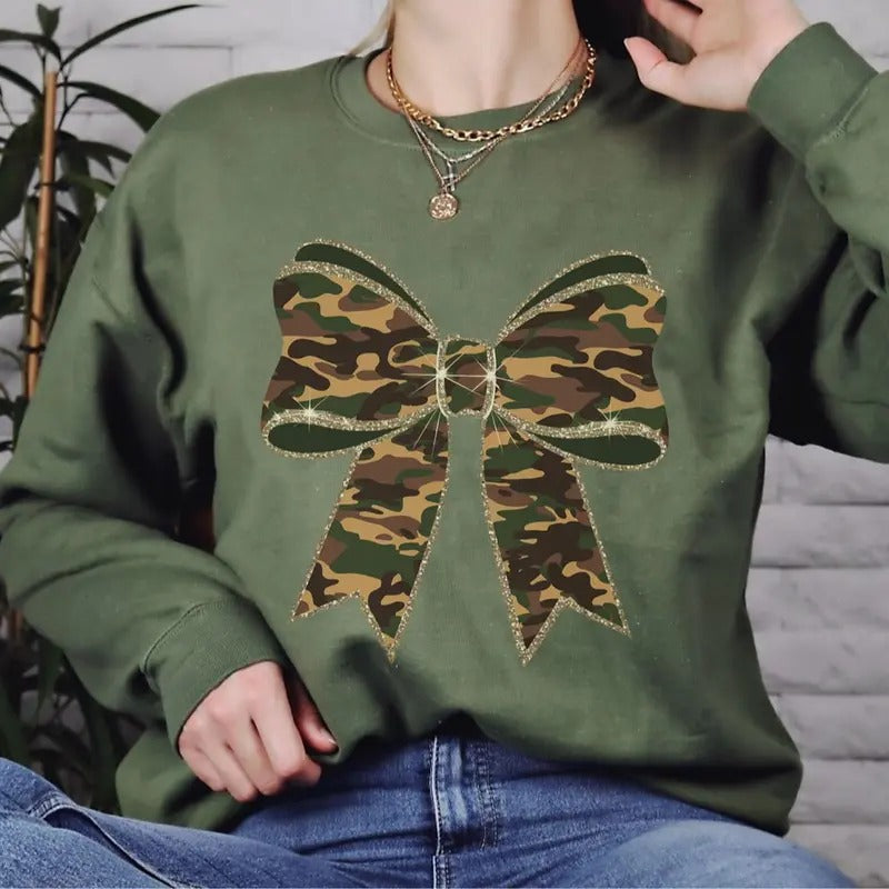 Camo Coquette Bow Glittery Effect Graphic Printed Sweatshirt, Camoflauge Coquette Shirt
