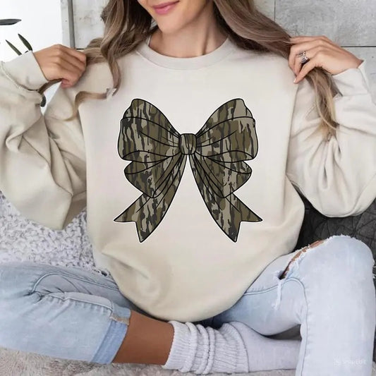 Camo Coquette Bow Sweatshirt, Coquette Shirt, Unisex Classic Cotton Graphic Print All Sizes for Men and Women