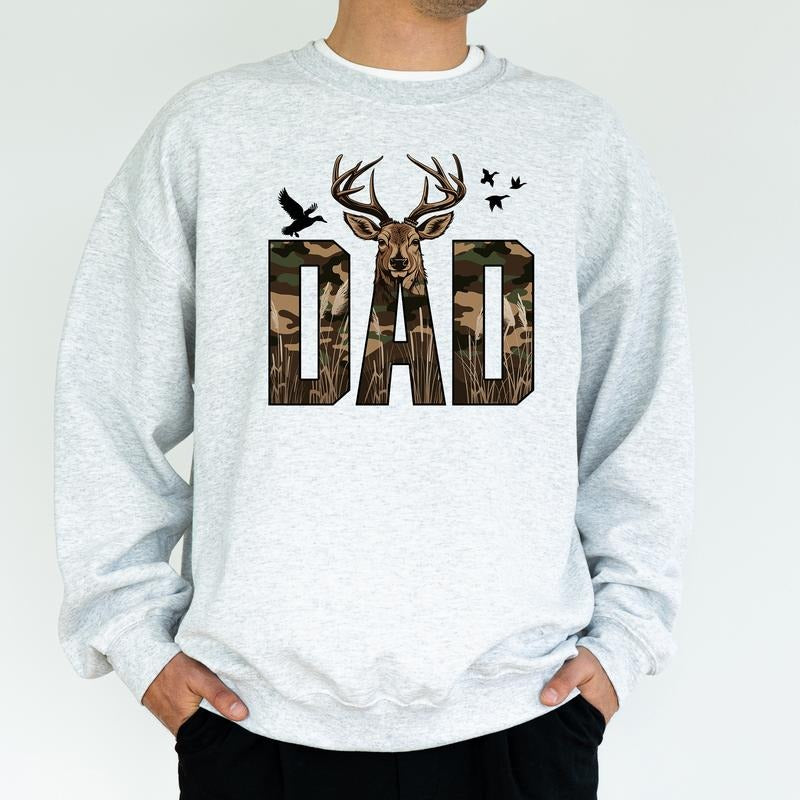 Camo Hunting Dad Sweatshirt, Mallard Duck Buck Hunt Graphic Tops, Daddy Hunter Crewneck, Hunting Gifts for Husband, Classic Cotton Pullover Menswear