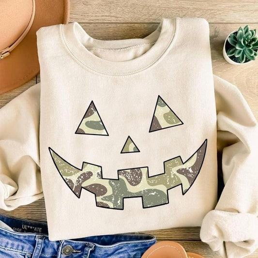 Camo Jack O Lantern Pumpkin Face Halloween Sweatshirt, Pumpkin Face Camouflage Pumpkin Shirt, Camo Lovers Tee, Halloween Spooky Season Gifts